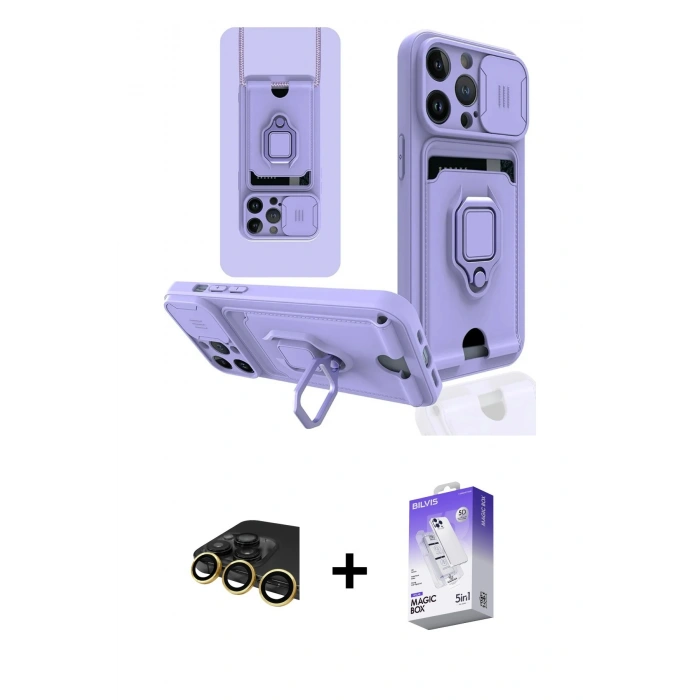 MARSİLYAN™- iPhone 13 Pro Max Kılıf Vadi Form Prime - Siyah Bilvis 5in1 3D Magic Cam Ekran Koruyucu + Gold Raze Metal Kamera Lens
