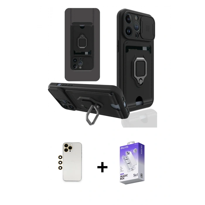 MARSİLYAN™- iPhone 13 Pro Max Kılıf Vadi Form Prime - Siyah Bilvis 5in1 3D Magic Cam Ekran Koruyucu + Shine Kamera Lens - GD