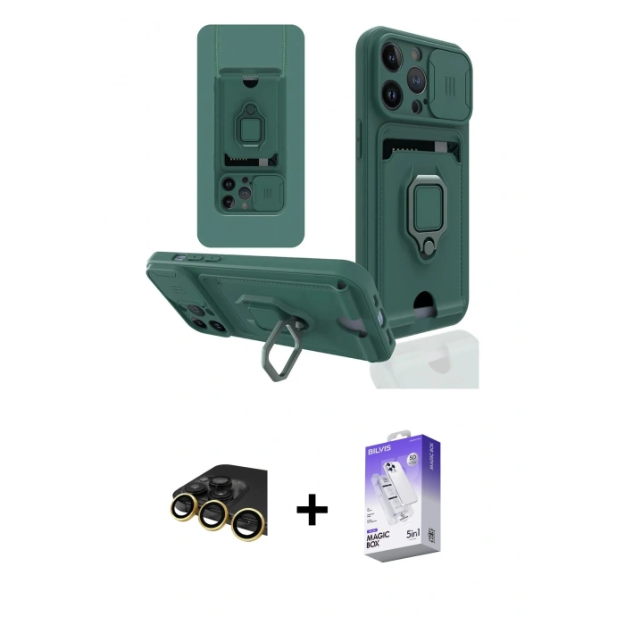 MARSİLYAN™- iPhone 13 Pro Max Kılıf Vadi Form Prime - Siyah Bilvis 5in1 3D Magic Cam Ekran Koruyucu + Gold Raze Metal Kamera Lens