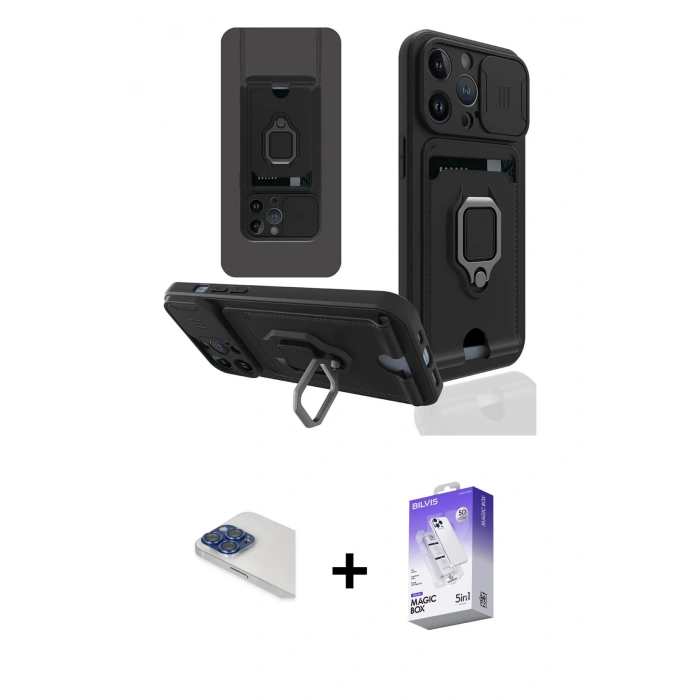 MARSİLYAN™- iPhone 13 Pro Max Kılıf Vadi Form Prime - Siyah Bilvis 5in1 3D Magic Cam Ekran Koruyucu + Pers Alüminyum Kamera Lens - LT