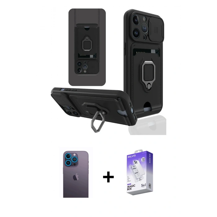 MARSİLYAN™- iPhone 13 Pro Max Kılıf Vadi Form Prime - Siyah Bilvis 5in1 3D Magic Cam Ekran Koruyucu + Neon Fosforlu Kamera Lens - MI