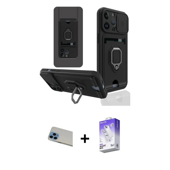 MARSİLYAN™- iPhone 13 Pro Max Kılıf Vadi Form Prime - Siyah Bilvis 5in1 3D Magic Cam Ekran Koruyucu + Rainbow Kamera Lens Koruma Cam - MI
