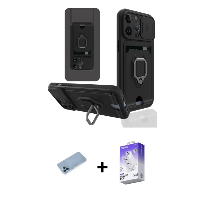 MARSİLYAN™- iPhone 13 Pro Max Kılıf Vadi Form Prime - Siyah Bilvis 5in1 3D Magic Cam Ekran Koruyucu + Shine Kamera Lens Koruma Cam - MI
