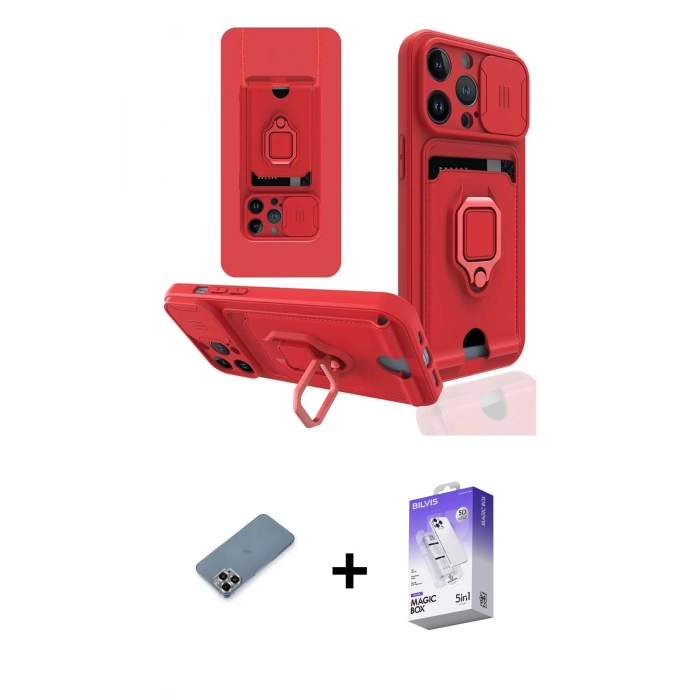 MARSİLYAN™- iPhone 13 Pro Max Kılıf Vadi Form Prime - Siyah Bilvis 5in1 3D Magic Cam Ekran Koruyucu + Mor Metal Kamera Lens Koruma Cam