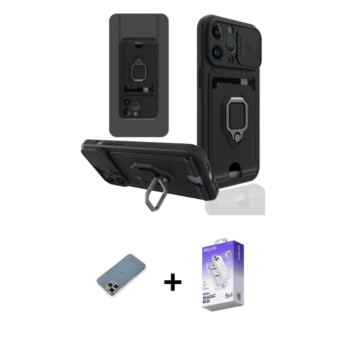 MARSİLYAN™- iPhone 13 Pro Max Kılıf Vadi Form Prime - Siyah Bilvis 5in1 3D Magic Cam Ekran Koruyucu + Mor Metal Kamera Lens Koruma Cam