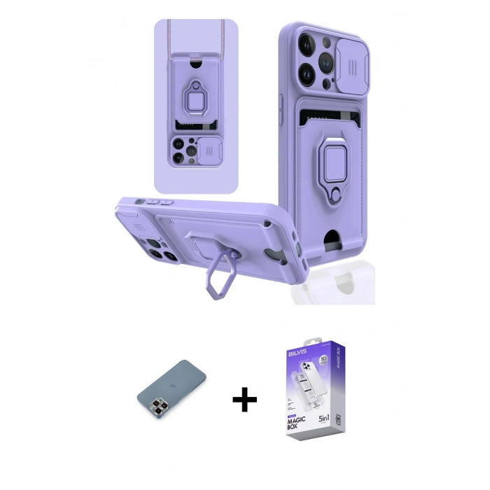 MARSİLYAN™- iPhone 13 Pro Max Kılıf Vadi Form Prime - Siyah Bilvis 5in1 3D Magic Cam Ekran Koruyucu + Mor Metal Kamera Lens Koruma Cam