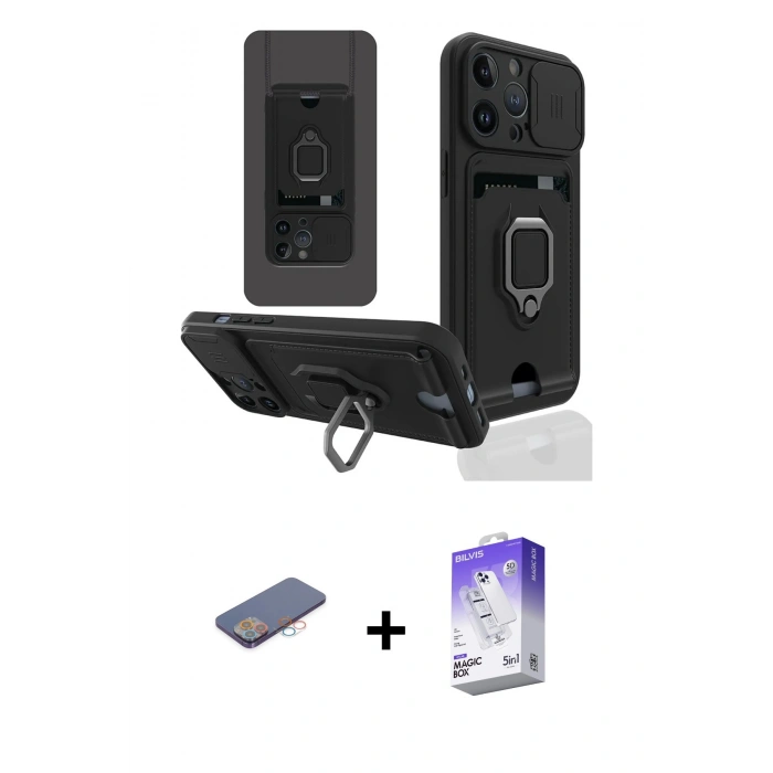 MARSİLYAN™- iPhone 13 Pro Max Kılıf Vadi Form Prime - Siyah Bilvis 5in1 3D Magic Cam Ekran Koruyucu + Renkli Kamera Lens Koruma Cam - PE