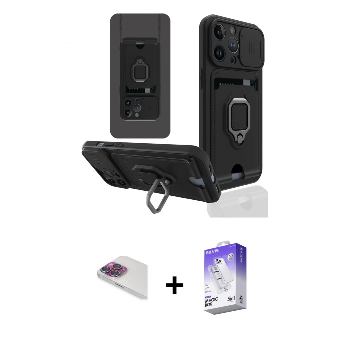 MARSİLYAN™- iPhone 13 Pro Max Kılıf Vadi Form Prime - Siyah Bilvis 5in1 3D Magic Cam Ekran Koruyucu + Pers Alüminyum Kamera Lens - GI