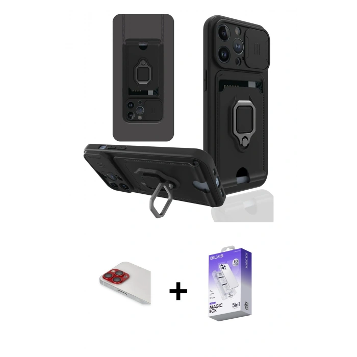 MARSİLYAN™- iPhone 13 Pro Max Kılıf Vadi Form Prime - Siyah Bilvis 5in1 3D Magic Cam Ekran Koruyucu + Pers Alüminyum Kamera Lens - KI
