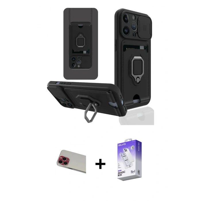 MARSİLYAN™- iPhone 13 Pro Max Kılıf Vadi Form Prime - Siyah Bilvis 5in1 3D Magic Cam Ekran Koruyucu + Rainbow Kamera Lens Koruma Cam - KI