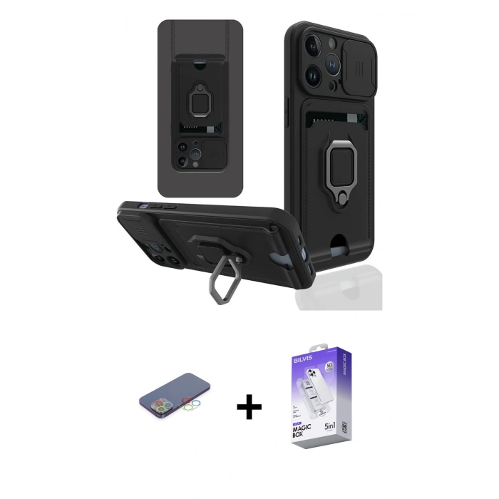 MARSİLYAN™- iPhone 13 Pro Max Kılıf Vadi Form Prime - Siyah Bilvis 5in1 3D Magic Cam Ekran Koruyucu + Renkli Kamera Lens Koruma Cam - MI