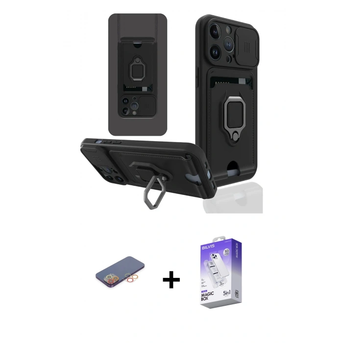MARSİLYAN™- iPhone 13 Pro Max Kılıf Vadi Form Prime - Siyah Bilvis 5in1 3D Magic Cam Ekran Koruyucu + Renkli Kamera Lens Koruma Cam - TU