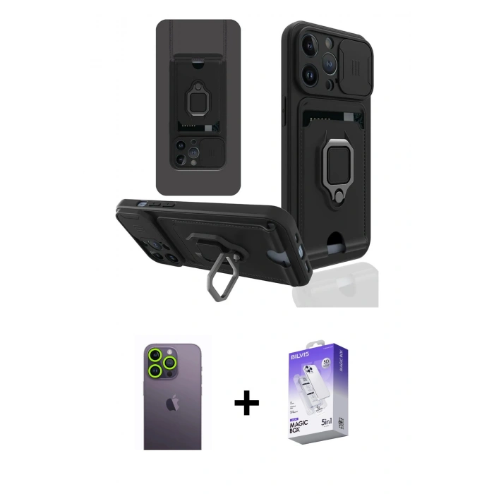 MARSİLYAN™- iPhone 13 Pro Max Kılıf Vadi Form Prime - Siyah Bilvis 5in1 3D Magic Cam Ekran Koruyucu + Yeşil Neon Fosforlu Kamera Lens