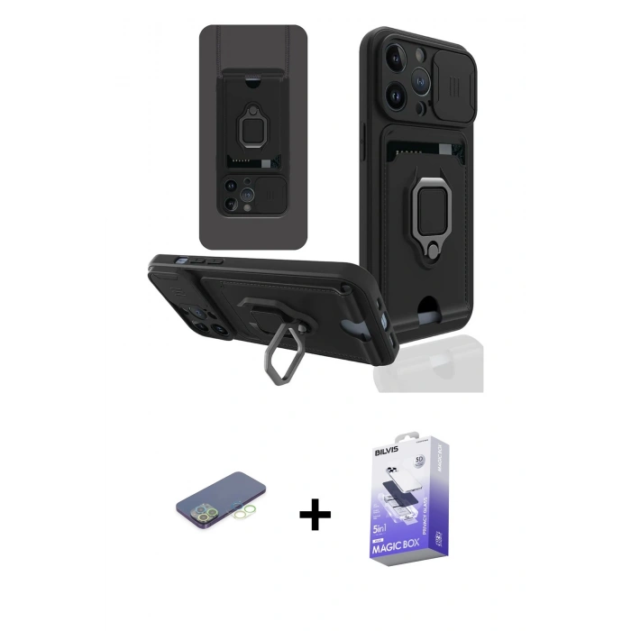 MARSİLYAN™- iPhone 13 Pro Max Kılıf Vadi Form Prime - Siyah Bilvis 5in1 5D Magic Hayalet Cam Ekran Koruyucu + Yeşil Renkli Kamera Lens Koruma Cam