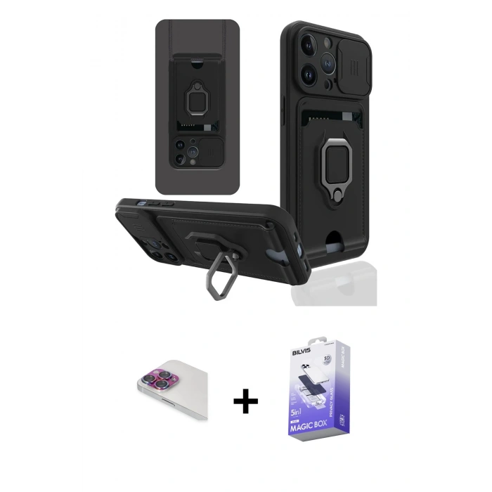 MARSİLYAN™- iPhone 13 Pro Max Kılıf Vadi Form Prime - Siyah Bilvis 5in1 5D Magic Hayalet Cam Ekran Koruyucu + Pers Alüminyum Kamera Lens - GI