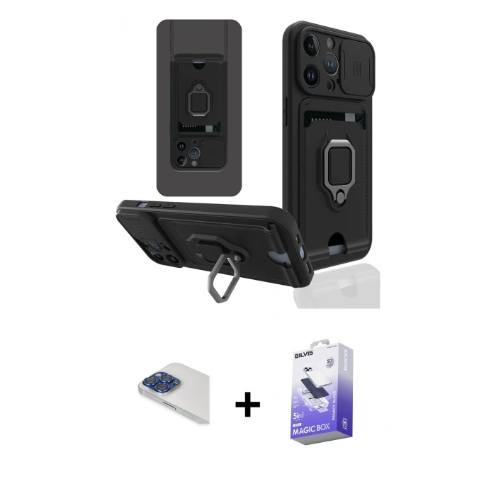 MARSİLYAN™- iPhone 13 Pro Max Kılıf Vadi Form Prime - Siyah Bilvis 5in1 5D Magic Hayalet Cam Ekran Koruyucu + Pers Alüminyum Kamera Lens - LT