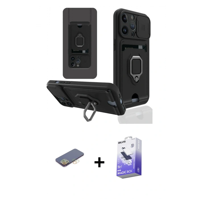 MARSİLYAN™- iPhone 13 Pro Max Kılıf Vadi Form Prime - Siyah Bilvis 5in1 5D Magic Hayalet Cam Ekran Koruyucu + Renkli Kamera Lens Koruma Cam - SI