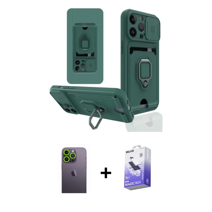MARSİLYAN™- iPhone 13 Pro Max Kılıf Vadi Form Prime - Siyah Bilvis 5in1 5D Magic Hayalet Cam Ekran Koruyucu + Yeşil Neon Fosforlu Kamera Lens