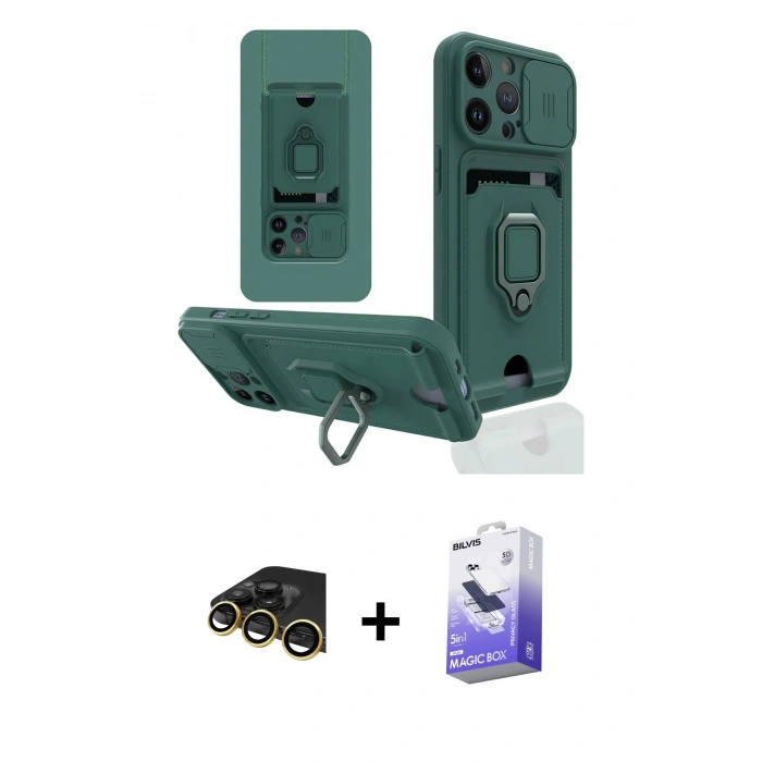 MARSİLYAN™- iPhone 13 Pro Max Kılıf Vadi Form Prime - Siyah Bilvis 5in1 5D Magic Hayalet Cam Ekran Koruyucu + Raze Metal Kamera Lens - GD