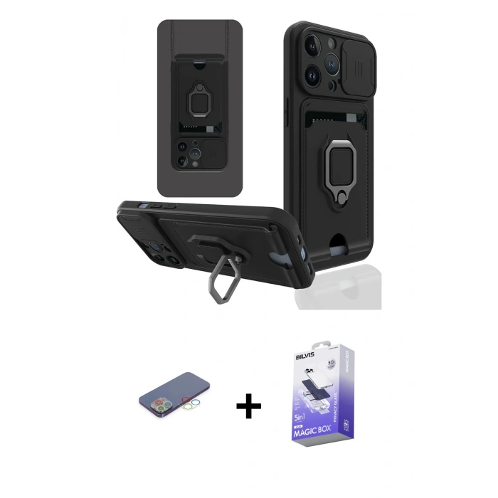 MARSİLYAN™- iPhone 13 Pro Max Kılıf Vadi Form Prime - Siyah Bilvis 5in1 5D Magic Hayalet Cam Ekran Koruyucu + Mavi Renkli Kamera Lens Koruma Cam