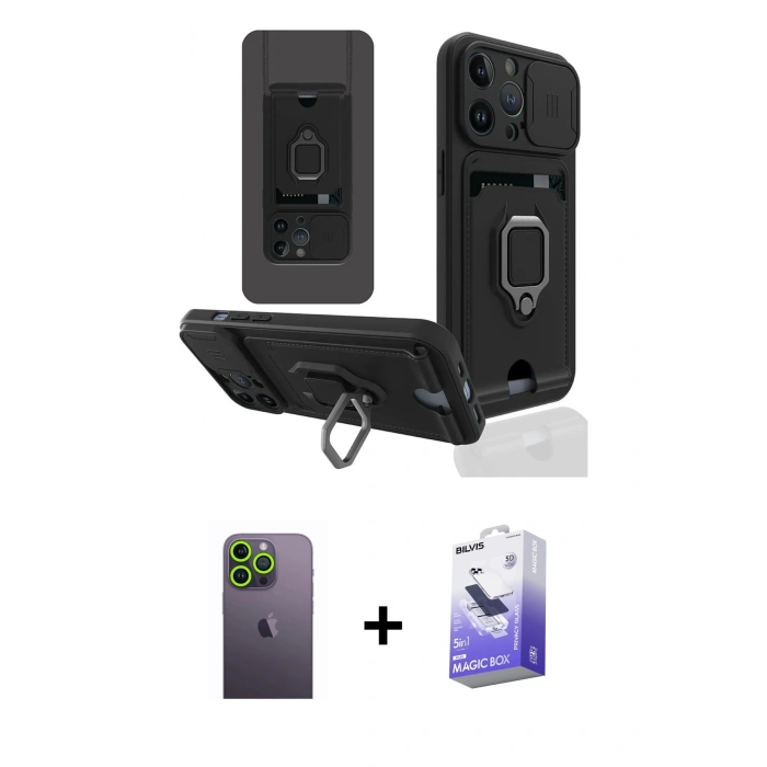 MARSİLYAN™- iPhone 13 Pro Max Kılıf Vadi Form Prime - Siyah Bilvis 5in1 5D Magic Hayalet Cam Ekran Koruyucu + Yeşil Neon Fosforlu Kamera Lens