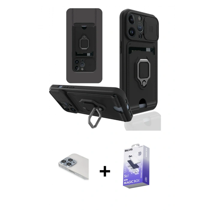 MARSİLYAN™- iPhone 13 Pro Max Kılıf Vadi Form Prime - Siyah Bilvis 5in1 5D Magic Hayalet Cam Ekran Koruyucu + Pers Alüminyum Kamera Lens - SABE