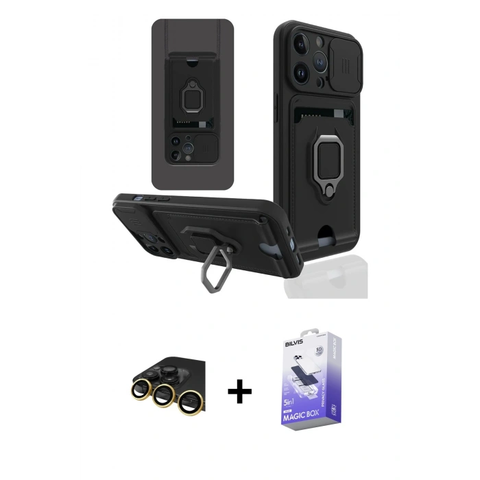 MARSİLYAN™- iPhone 13 Pro Max Kılıf Vadi Form Prime - Siyah Bilvis 5in1 5D Magic Hayalet Cam Ekran Koruyucu + Raze Metal Kamera Lens - GD