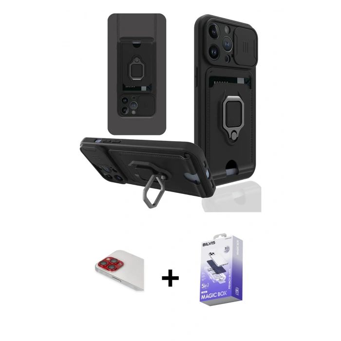 MARSİLYAN™- iPhone 13 Pro Max Kılıf Vadi Form Prime - Siyah Bilvis 5in1 5D Magic Hayalet Cam Ekran Koruyucu + Pers Alüminyum Kamera Lens - KI