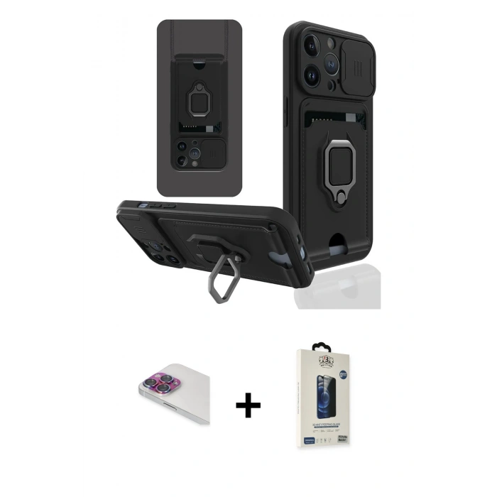 MARSİLYAN™- iPhone 13 Pro Max Kılıf Vadi Form Prime - Siyah Bilvis Hayalet Cam Ekran Koruyucu + Pers Alüminyum Kamera Lens - GI