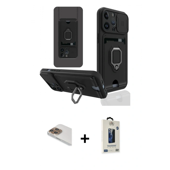 MARSİLYAN™- iPhone 13 Pro Max Kılıf Vadi Form Prime - Siyah Bilvis Hayalet Cam Ekran Koruyucu + Pers Alüminyum Kamera Lens - GD