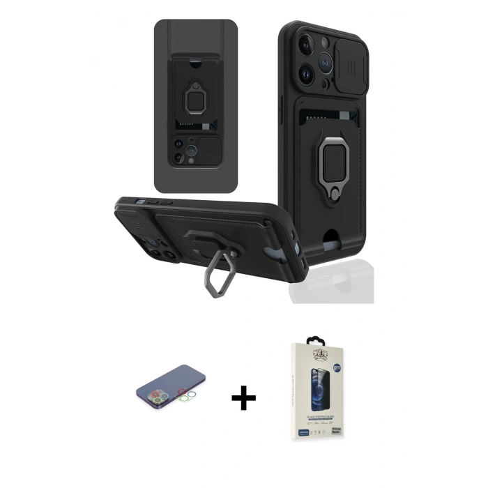 MARSİLYAN™- iPhone 13 Pro Max Kılıf Vadi Form Prime - Siyah Bilvis Hayalet Cam Ekran Koruyucu + Mavi Renkli Kamera Lens Koruma Cam
