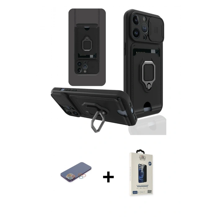 MARSİLYAN™- iPhone 13 Pro Max Kılıf Vadi Form Prime - Siyah Bilvis Hayalet Cam Ekran Koruyucu + Renkli Kamera Lens Koruma Cam - PE