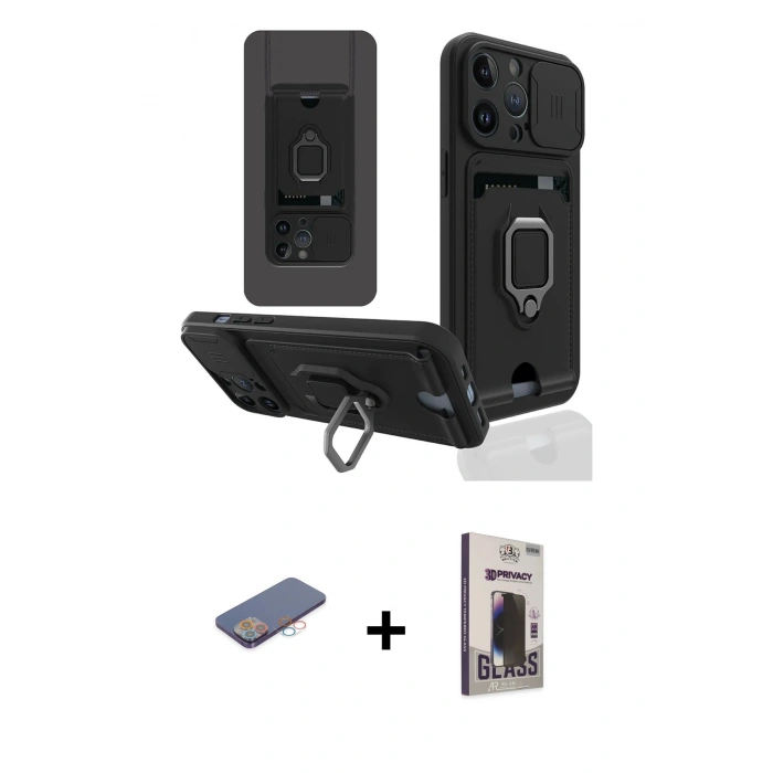MARSİLYAN™- iPhone 13 Pro Max Kılıf Vadi Form Prime - Siyah Bilvis Hayalet Cam Ekran Koruyucu + Renkli Kamera Lens Koruma Cam - PE