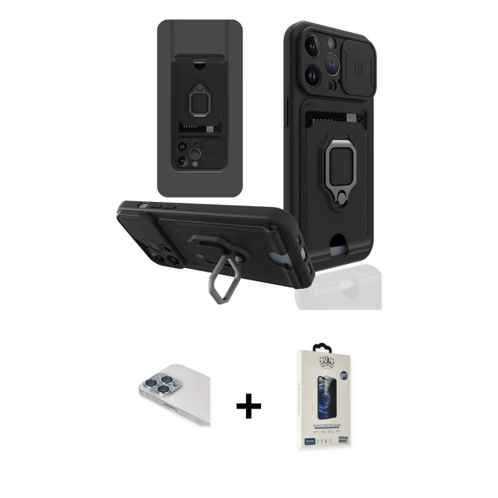 MARSİLYAN™- iPhone 13 Pro Max Kılıf Vadi Form Prime - Siyah Bilvis Hayalet Cam Ekran Koruyucu + Pers Alüminyum Kamera Lens - SABE