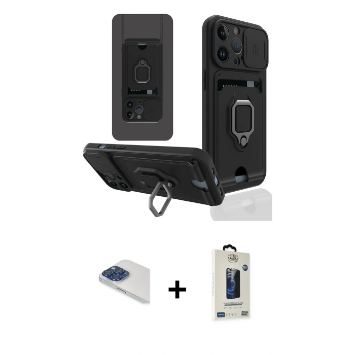 MARSİLYAN™- iPhone 13 Pro Max Kılıf Vadi Form Prime - Siyah Bilvis Hayalet Cam Ekran Koruyucu + Pers Alüminyum Kamera Lens - LT