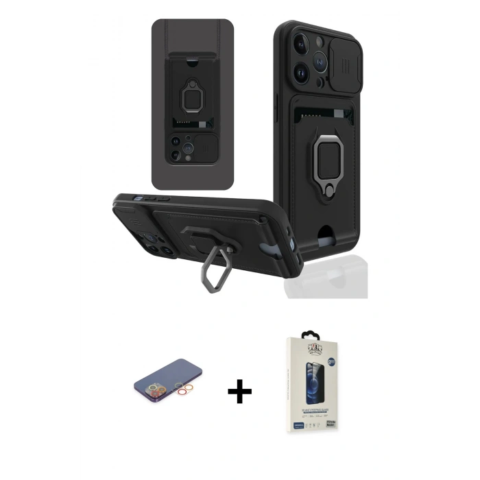 MARSİLYAN™- iPhone 13 Pro Max Kılıf Vadi Form Prime - Siyah Bilvis Hayalet Cam Ekran Koruyucu + Renkli Kamera Lens Koruma Cam - TU