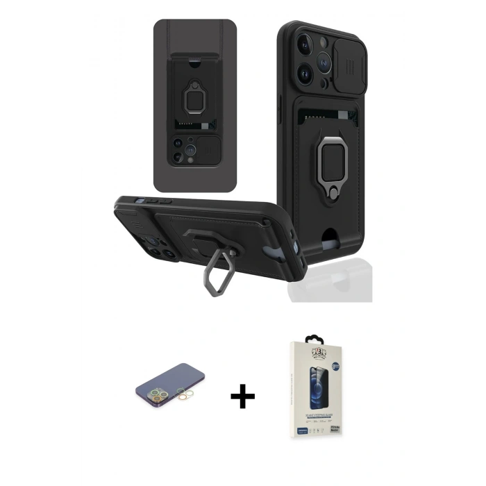 MARSİLYAN™- iPhone 13 Pro Max Kılıf Vadi Form Prime - Siyah Bilvis Hayalet Cam Ekran Koruyucu + Renkli Kamera Lens Koruma Cam - SI