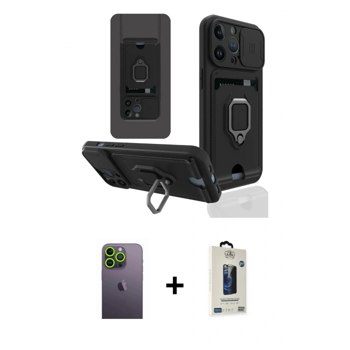 MARSİLYAN™- iPhone 13 Pro Max Kılıf Vadi Form Prime - Siyah Bilvis Hayalet Cam Ekran Koruyucu + Yeşil Neon Fosforlu Kamera Lens