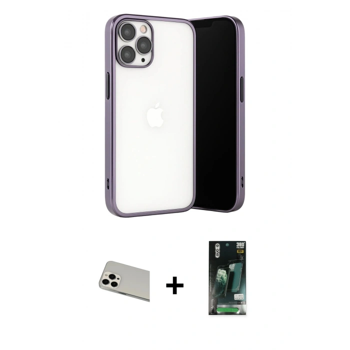 MARSİLYAN™- iPhone 13 Pro Max Kılıf Vadi Minimal - Şeffaf 360 Full Body Arka Koruyucu + Beyaz Rainbow Kamera Lens Koruma Cam
