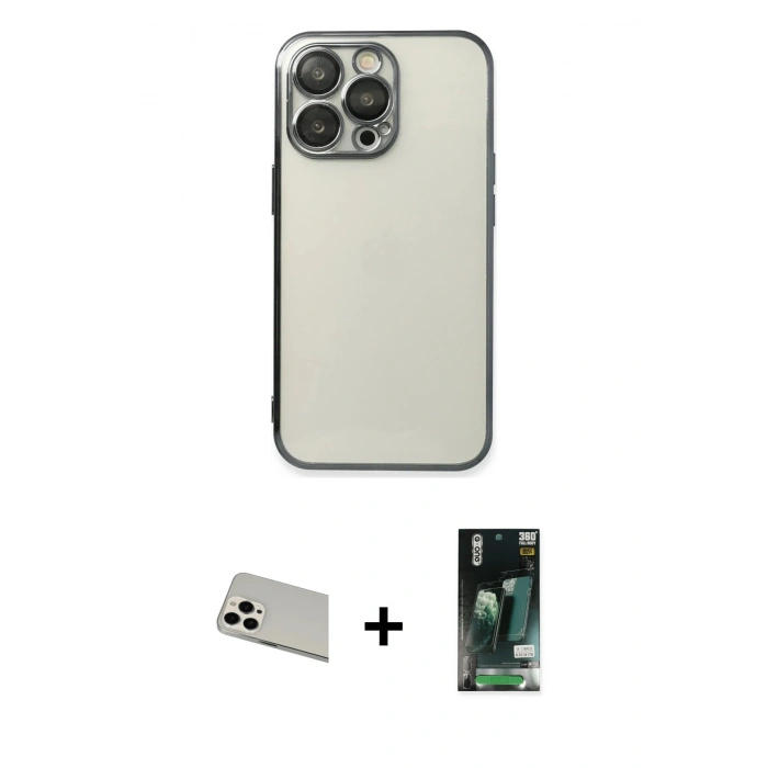 MARSİLYAN™- iPhone 13 Pro Max Kılıf Vadi Minimal - Şeffaf 360 Full Body Arka Koruyucu + Beyaz Rainbow Kamera Lens Koruma Cam
