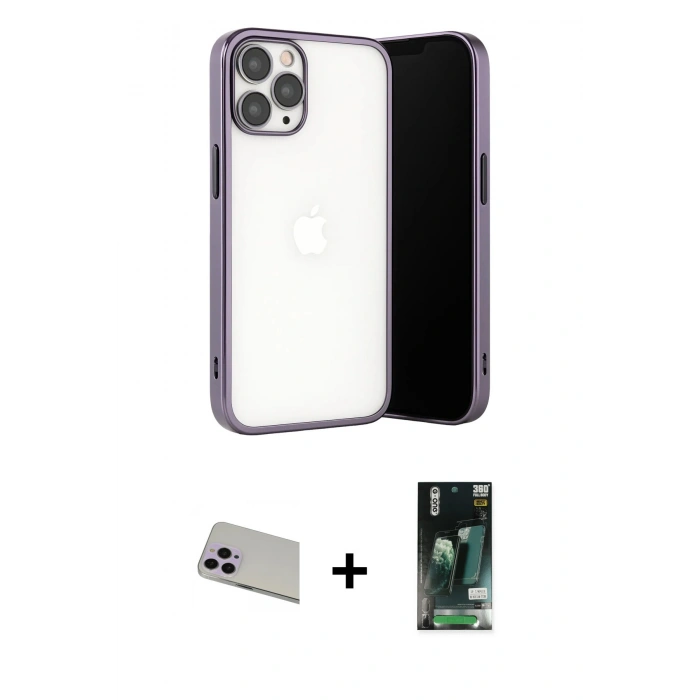 MARSİLYAN™- iPhone 13 Pro Max Kılıf Vadi Minimal - Şeffaf 360 Full Body Arka Koruyucu + Mor Rainbow Kamera Lens Koruma Cam