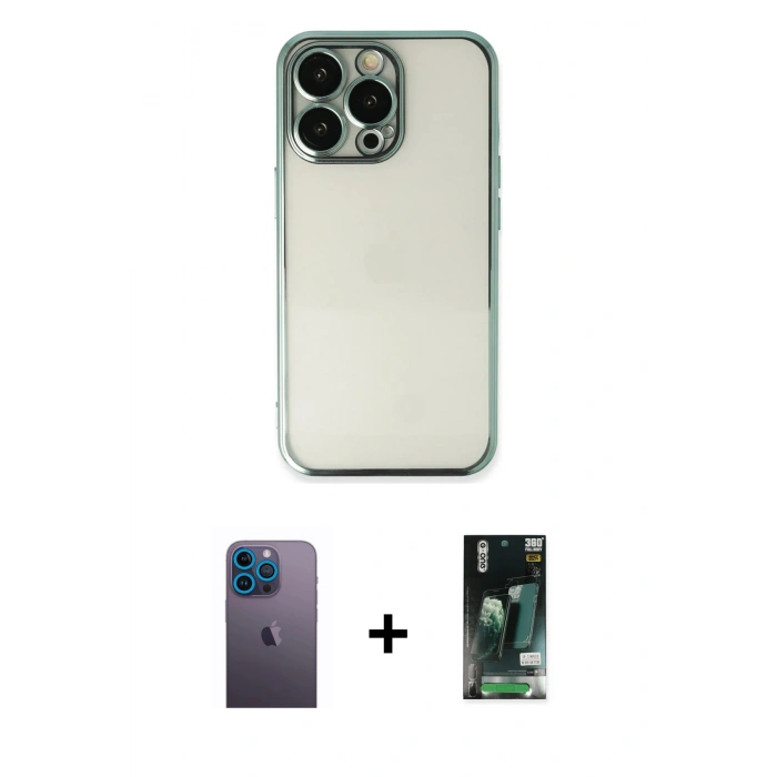 MARSİLYAN™- iPhone 13 Pro Max Kılıf Vadi Minimal - Şeffaf 360 Full Body Arka Koruyucu + Neon Fosforlu Kamera Lens - MI