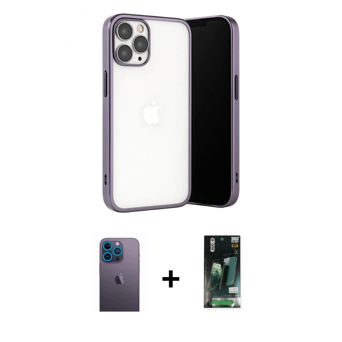 MARSİLYAN™- iPhone 13 Pro Max Kılıf Vadi Minimal - Şeffaf 360 Full Body Arka Koruyucu + Neon Fosforlu Kamera Lens - MI