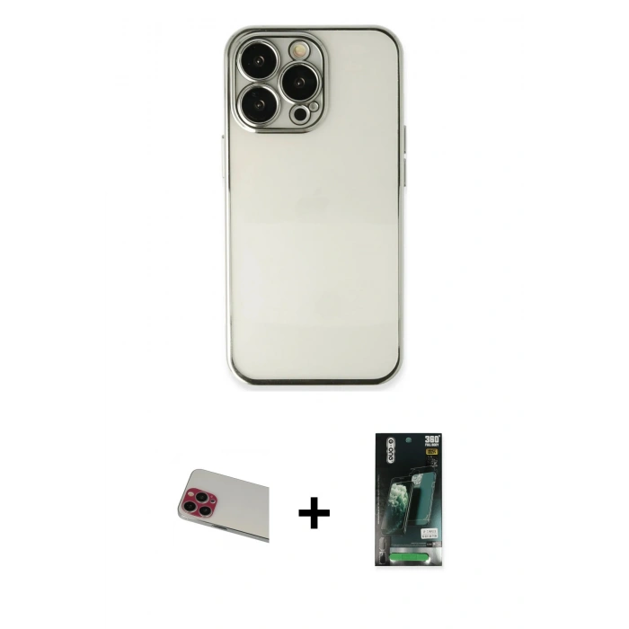 MARSİLYAN™- iPhone 13 Pro Max Kılıf Vadi Minimal - Şeffaf 360 Full Body Arka Koruyucu + Rainbow Kamera Lens Koruma Cam - KI