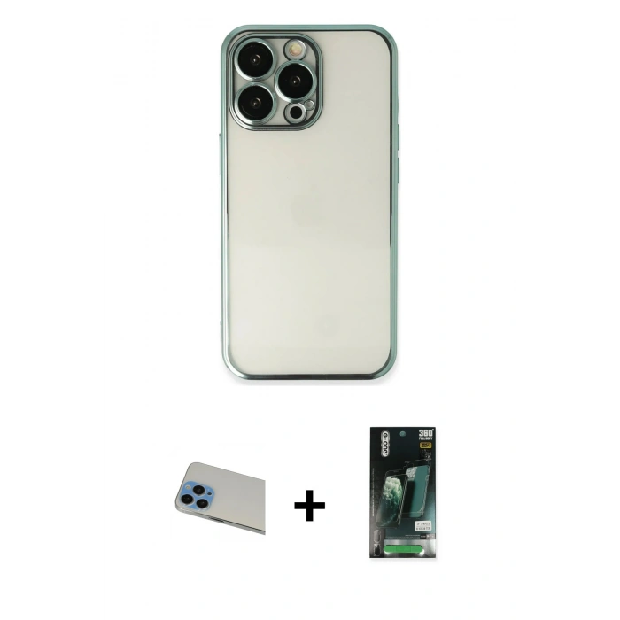 MARSİLYAN™- iPhone 13 Pro Max Kılıf Vadi Minimal - Şeffaf 360 Full Body Arka Koruyucu + Rainbow Kamera Lens Koruma Cam - MI
