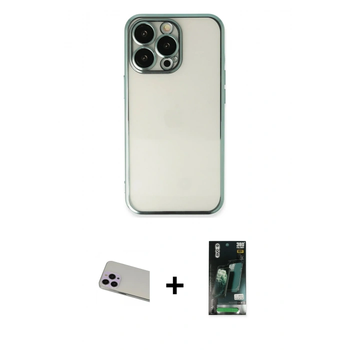 MARSİLYAN™- iPhone 13 Pro Max Kılıf Vadi Minimal - Şeffaf 360 Full Body Arka Koruyucu + Rainbow Kamera Lens Koruma Cam - MR