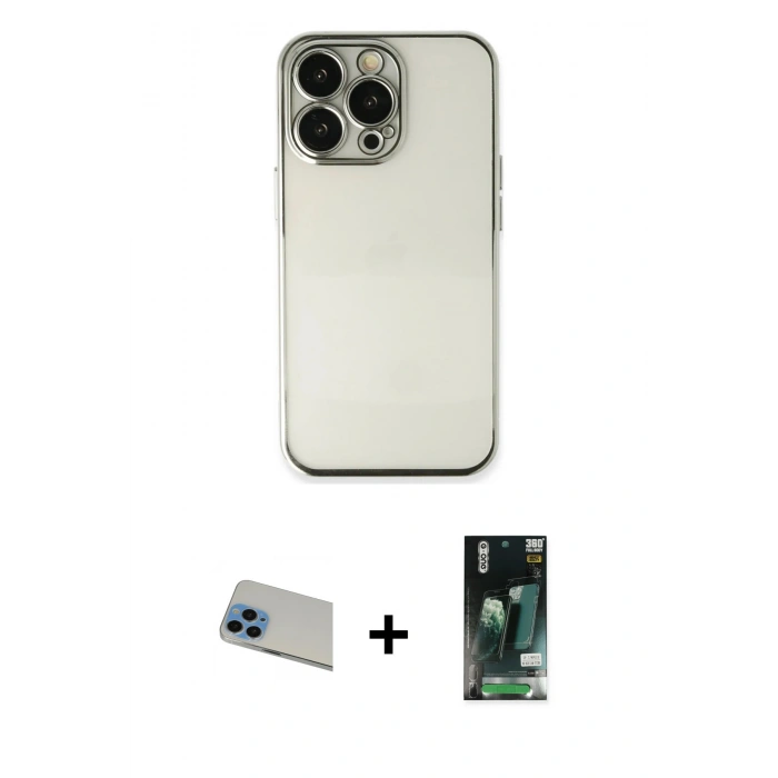 MARSİLYAN™- iPhone 13 Pro Max Kılıf Vadi Minimal - Şeffaf 360 Full Body Arka Koruyucu + Rainbow Kamera Lens Koruma Cam - MI