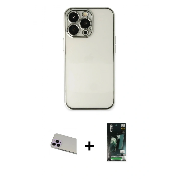 MARSİLYAN™- iPhone 13 Pro Max Kılıf Vadi Minimal - Şeffaf 360 Full Body Arka Koruyucu + Rainbow Kamera Lens Koruma Cam - MR