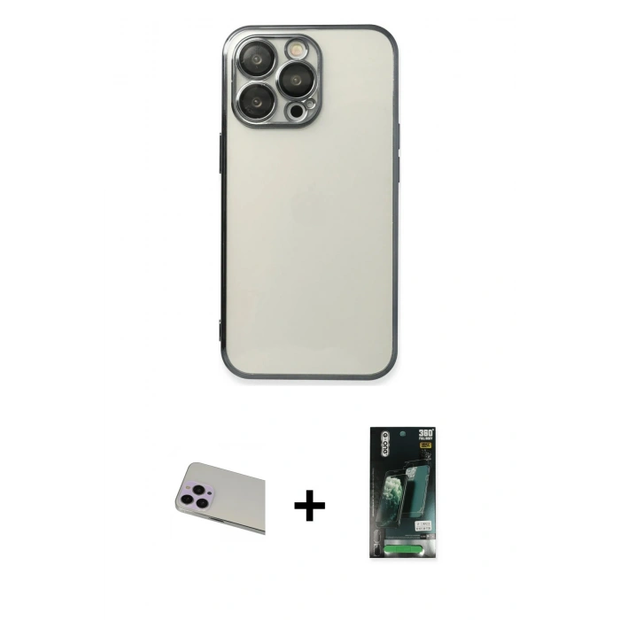 MARSİLYAN™- iPhone 13 Pro Max Kılıf Vadi Minimal - Şeffaf 360 Full Body Arka Koruyucu + Rainbow Kamera Lens Koruma Cam - MR