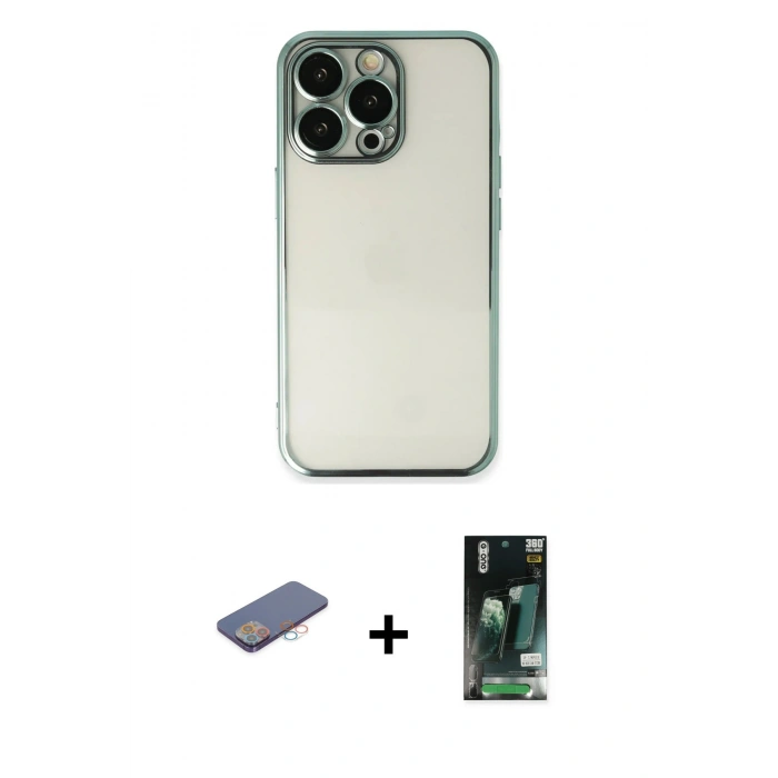 MARSİLYAN™- iPhone 13 Pro Max Kılıf Vadi Minimal - Şeffaf 360 Full Body Arka Koruyucu + Renkli Kamera Lens Koruma Cam - PE
